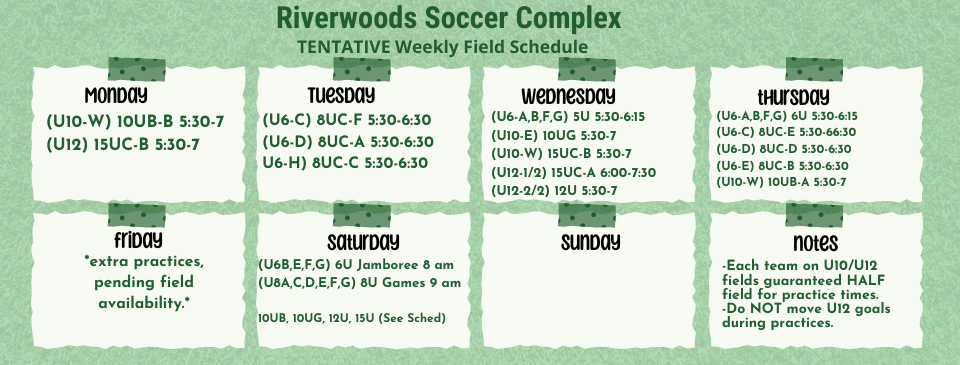 Fall 2024 TENTATIVE Weekly Fields Schedule